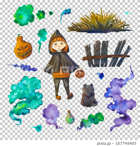 A set with a witch, a cat. pumpkin and magic smoke for halloween. Watercolor illustration for the feast of the dead. Dry grass and an old wooden fence. Scary pumpkin Jack. Suitable for design 107748405