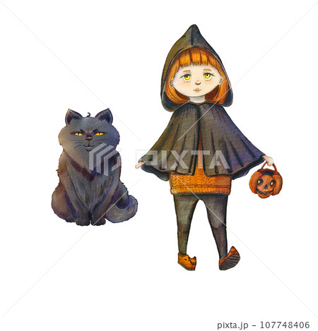 Set with a witch and a black cat on a white background. Watercolor illustration for Halloween. A terrible night. Day of the Dead. A girl with a pumpkin with a fluffy cat. Suitable for compositions Set with a witch and a black cat on a white background. Watercolor illustration for Halloween. A terrible night. Day of the Dead. A girl with a pumpkin with a fluffy cat. Suitable for compositions 107748406