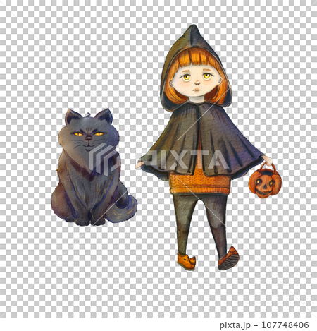 Set with a witch and a black cat on a white background. Watercolor illustration for Halloween. A terrible night. Day of the Dead. A girl with a pumpkin with a fluffy cat. Suitable for compositions Set with a witch and a black cat on a white background. Watercolor illustration for Halloween. A terrible night. Day of the Dead. A girl with a pumpkin with a fluffy cat. Suitable for compositions 107748406
