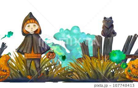 Seamless banner with a witch, a cat and a scary pumpkin. Watercolor illustration for the Halloween holiday. Wooden old fence. A cloud of magic smoke. A piece of dry grass. Suitable for decoration Seamless banner with a witch, a cat and a scary pumpkin. Watercolor illustration for the Halloween holiday. Wooden old fence. A cloud of magic smoke. A piece of dry grass. Suitable for decoration 107748413