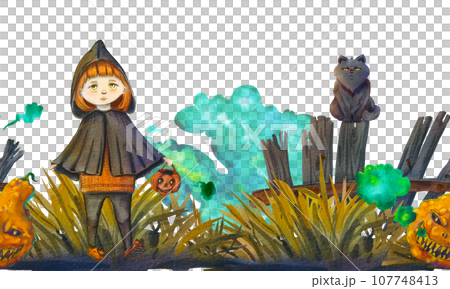 Seamless banner with a witch, a cat and a scary pumpkin. Watercolor illustration for the Halloween holiday. Wooden old fence. A cloud of magic smoke. A piece of dry grass. Suitable for decoration Seamless banner with a witch, a cat and a scary pumpkin. Watercolor illustration for the Halloween holiday. Wooden old fence. A cloud of magic smoke. A piece of dry grass. Suitable for decoration 107748413