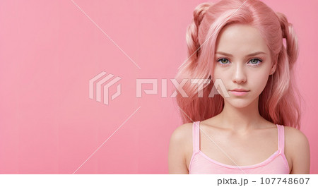 teen girl with pink hair on pink background like a doll. Portrait of young woman with pink hair. Perfect hairstyle and hair coloring. Generative AI 107748607