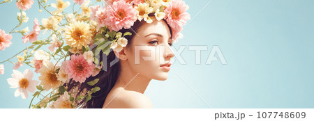 Surreal abstract woman portrait with flowers over head on blue background. summer colors. Concept of environmental friendliness and naturalness of cosmetic products. copy space. Generative Ai Surreal abstract woman portrait with flowers over head on blue background. summer colors. Concept of environmental friendliness and naturalness of cosmetic products. copy space. Generative Ai 107748609