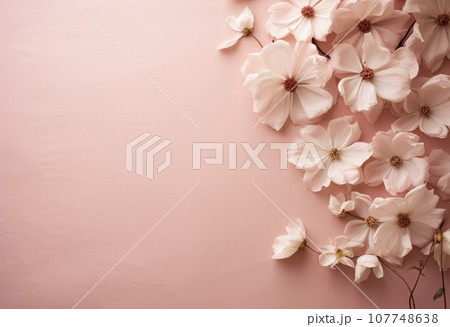 White flowers on pink background. Floral pattern. Top view. White flowers on pink background. Floral pattern. Top view. 107748638
