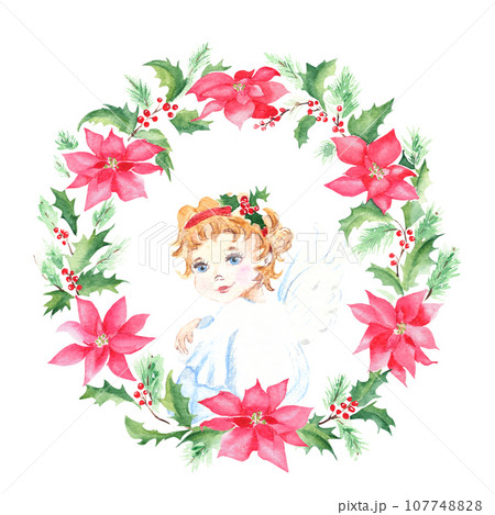 Watercolor hand drawn Christmas wreath. Floral frame with poinsettia, pines, holly plant, angel. Vintage stile. Good for cards, prints, decoration Watercolor hand drawn Christmas wreath. Floral frame with poinsettia, pines, holly plant, angel. Vintage stile. Good for cards, prints, decoration 107748828
