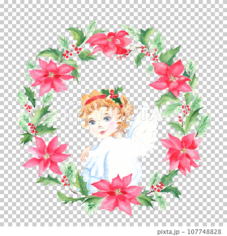 Watercolor hand drawn Christmas wreath. Floral frame with poinsettia, pines, holly plant, angel. Vintage stile. Good for cards, prints, decoration Watercolor hand drawn Christmas wreath. Floral frame with poinsettia, pines, holly plant, angel. Vintage stile. Good for cards, prints, decoration 107748828