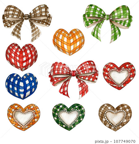Set of hearts and bows. Hand drawn illustration for sticker, invitation, poster, packaging, designs, cards Set of hearts and bows. Hand drawn illustration for sticker, invitation, poster, packaging, designs, cards 107749070