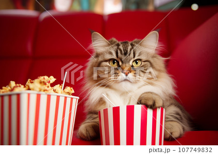 Cat eating popcorn and watching an exciting premiere of a new movie in cinema 107749832