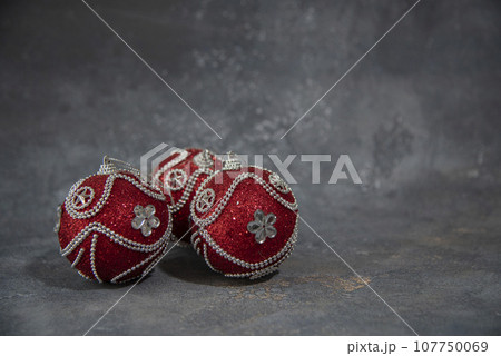 Christmas decoration on gray background . Copy spase. 107750069