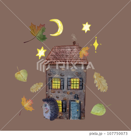 Hand painted watercolor hedgehog house autumn poster Hand painted watercolor hedgehog house autumn poster 107750073