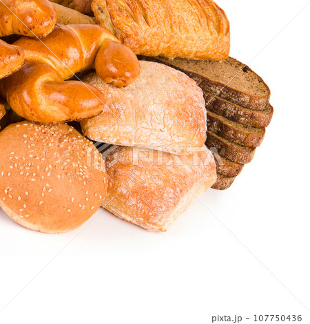 Croissants and sweet pastries isolated on white. Free space for text. 107750436