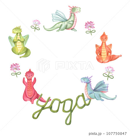 Round frame with of stylish cartoon Dragons in various poses of yoga. Animal meditation. The words yoga. Colored Dragons practicing fitness exercises. Watercolor illustration Round frame with of stylish cartoon Dragons in various poses of yoga. Animal meditation. The words yoga. Colored Dragons practicing fitness exercises. Watercolor illustration 107750847
