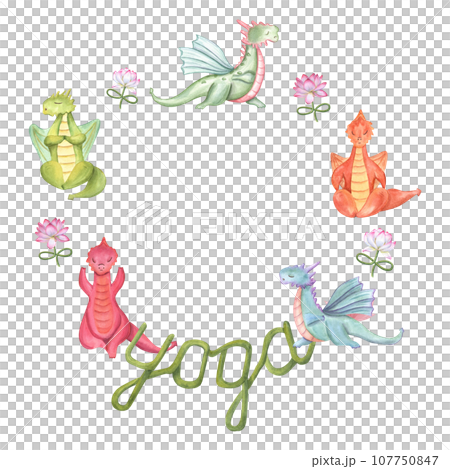 Round frame with of stylish cartoon Dragons in various poses of yoga. Animal meditation. The words yoga. Colored Dragons practicing fitness exercises. Watercolor illustration 107750847