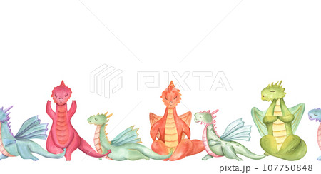 Dragons in various poses of yoga. Seamless banner. Animal meditation. Colored Dragons practicing fitness exercises. Horizontal board. Watercolor illustration for yoga center, package, label 107750848