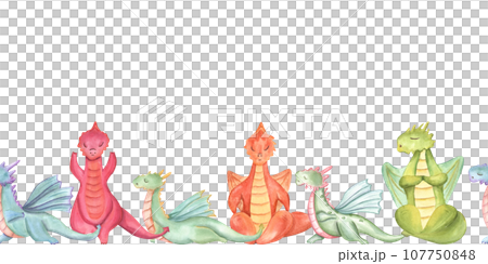 Dragons in various poses of yoga. Seamless banner. Animal meditation. Colored Dragons practicing fitness exercises. Horizontal board. Watercolor illustration for yoga center, package, label Dragons in various poses of yoga. Seamless banner. Animal meditation. Colored Dragons practicing fitness exercises. Horizontal board. Watercolor illustration for yoga center, package, label 107750848