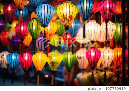 Many kind of lanterns hanging on street market. Colorful tradition lanterns in chinese style. Generative AI 107750919