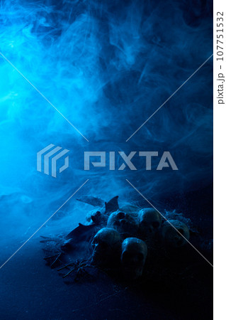 Halloween human skulls in abstract smoke on black background. Halloween human skulls in abstract smoke on black background. 107751532