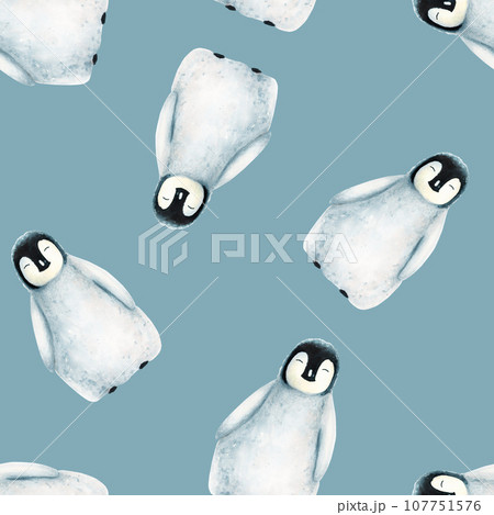 Watercolor seamless pattern with king penguins family isolated. Hand painting realistic Arctic and Antarctic ocean mammals. For designers, decoration, postcards, wrapping paper, scrapbooking, covers, 107751576