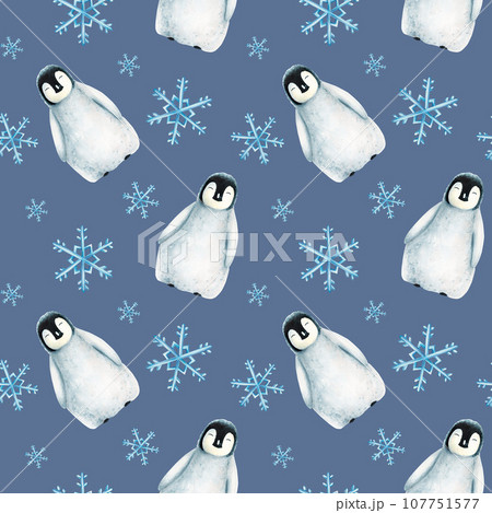 Watercolor seamless pattern with king penguin family on the floating ice isolated. Hand painting realistic Arctic and Antarctic ocean mammals. For designers, decoration, postcards, wrapping paper, 107751577