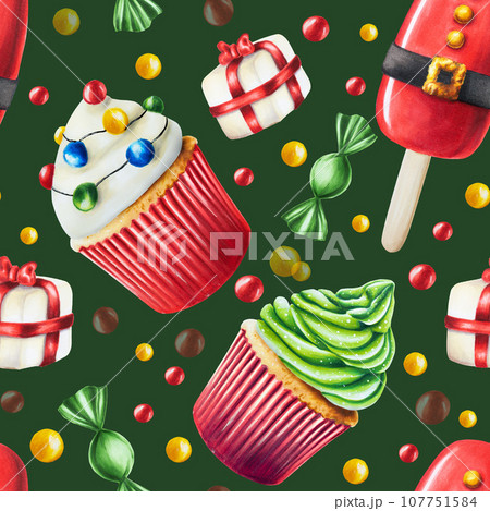 Watercolor seamless pattern with christmas candy canes, muffins and ice creams illustration. New year hand painting lollipops isolated on white background. New year hand painting red cupcake isolated Watercolor seamless pattern with christmas candy canes, muffins and ice creams illustration. New year hand painting lollipops isolated on white background. New year hand painting red cupcake isolated 107751584