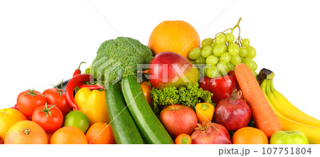 Fresh fruits and vegetables in pile isolated on white Fresh fruits and vegetables in pile isolated on white 107751804
