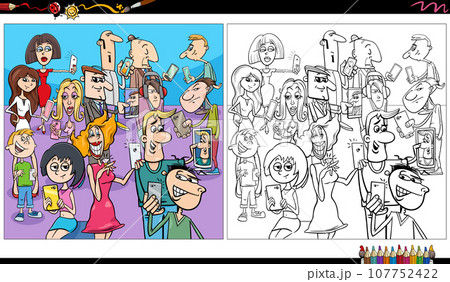 comic people characters group with smart phones coloring page 107752422