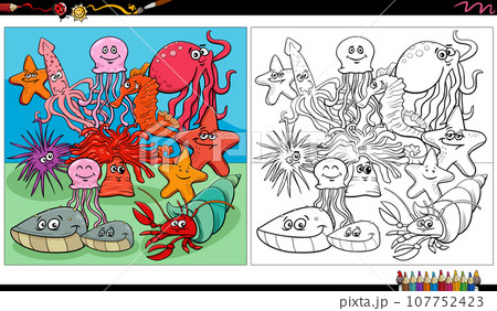cartoon fish and marine animal characters group coloring page 107752423
