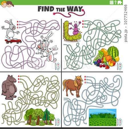 maze activities set with cartoon animal characters 107752466