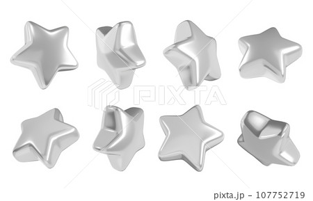Silver star in different angles 3d illustration set - glossy grey metallic floating star-shaped design element for rating or winner concept. Symbol of best quality and good rating. 107752719