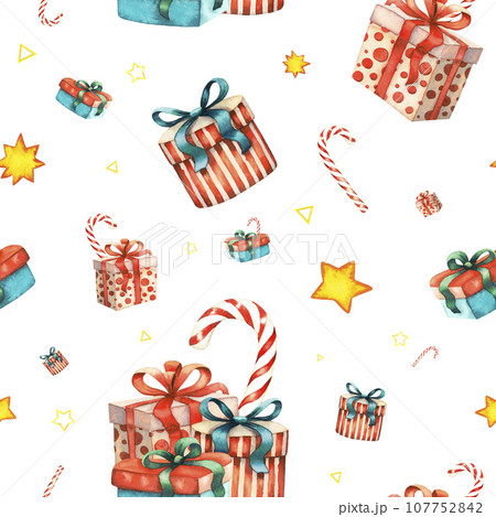 Cute watercolour seamless pattern with christmas gift boxes, candy and stars winter holiday new year illustration with cartoon character. Painting for card and print design. Hand drawn isolated on 107752842