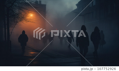 Silhouettes of people walking in a foggy urban...のイラスト素材 [107752926 ...