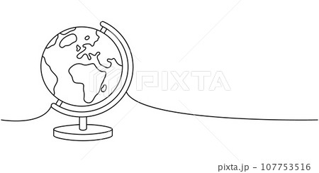 School globe, office supplies one line continuous drawing. Back to school continuous one line illustration. Vector minimalist linear illustration. 107753516
