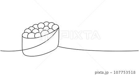 Ikura sushi, tobiko maki sushi one line continuous drawing. Japanese cuisine, traditional food continuous one line illustration. 107753518