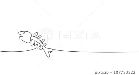 Fish bone skeleton one line continuous drawing. Animals accessories, pet toy supplies continuous one line illustration. 107753522