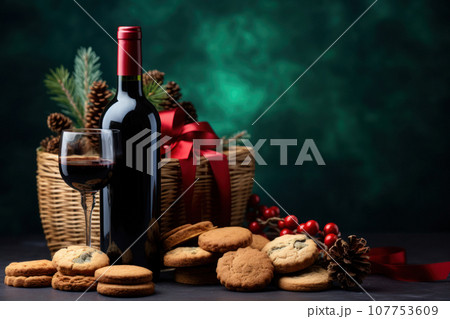 Christmas gift hamper with sparkling wine and gift. Generative AI 107753609