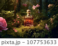 bottle of perfume with flowers in nature background, In this captivating scene, nature's breathtaking beauty intertwines effortlessly with the world of perfume, AI generated. 107753633