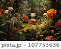 bottle of perfume with flowers in nature background, AI generated. 107753636