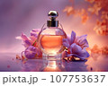 bottle of perfume with flowers in nature background, In this captivating scene, nature's breathtaking beauty intertwines effortlessly with the world of perfume, AI generated. 107753637