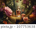 bottle of perfume with flowers in nature background, In this captivating scene, nature's breathtaking beauty intertwines effortlessly with the world of perfume, AI generated. 107753638