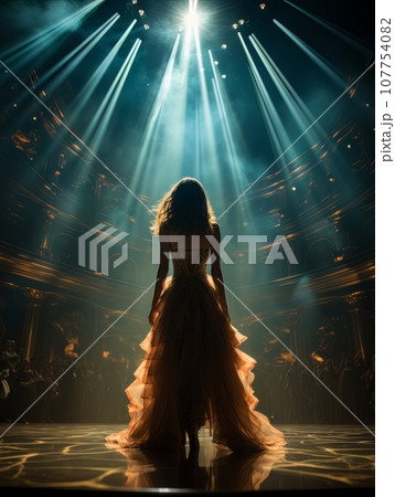 Fictional woman artist in dress on big stage of luxury concert hall AI 107754082
