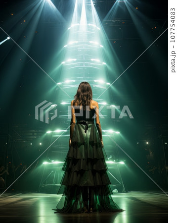 Fictional woman artist in dress on big stage of luxury concert hall AI 107754083