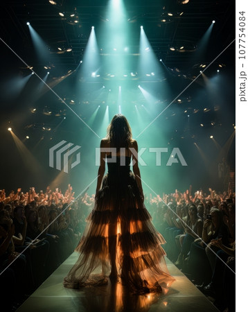 Fictional woman artist in dress on big stage of luxury concert hall AI 107754084