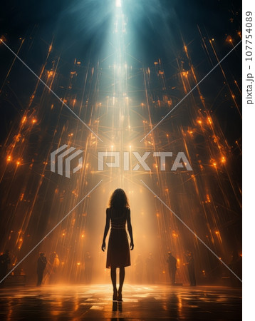 Fictional woman artist in dress on big stage of luxury concert hall AI 107754089