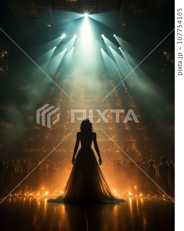 Fictional fragile girl in dress against the background of ruins AI 107754105