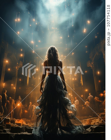 Fictional fragile girl in dress against the background of ruins AI 107754118