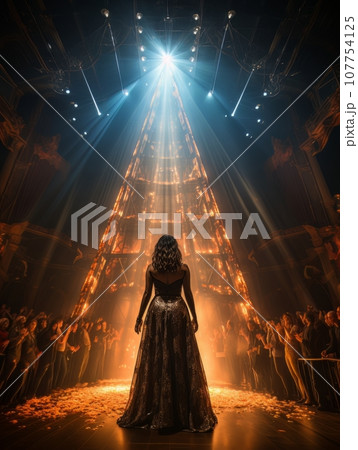 Fictional woman artist in dress on big stage of luxury concert hall AI 107754125