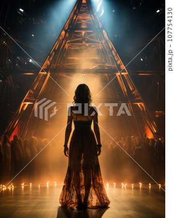 Fictional woman artist in dress on big stage of luxury concert hall AI Fictional woman artist in dress on big stage of luxury concert hall AI 107754130