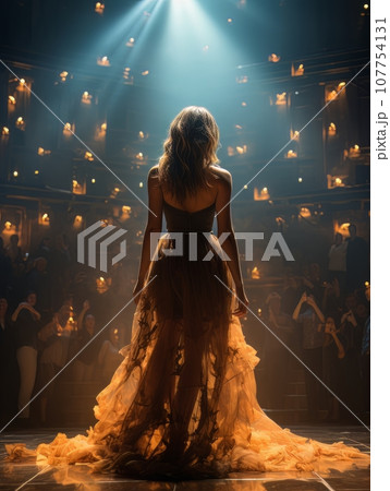 Fictional woman artist in dress on big stage of luxury concert hall AI 107754131