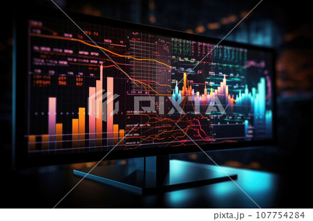 Financial data indicators on a monitor, Stock market or forex trading graph Financial data indicators on a monitor, Stock market or forex trading graph 107754284