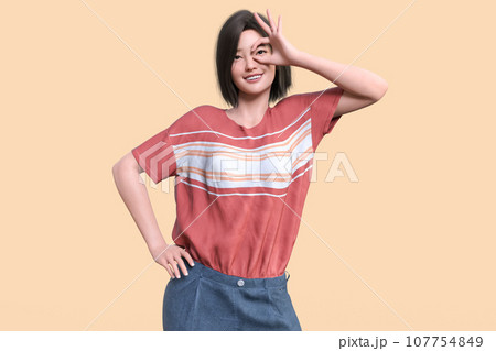 OKサインを片目に合わせる笑顔の女性 OKサインを片目に合わせる笑顔の女性 107754849